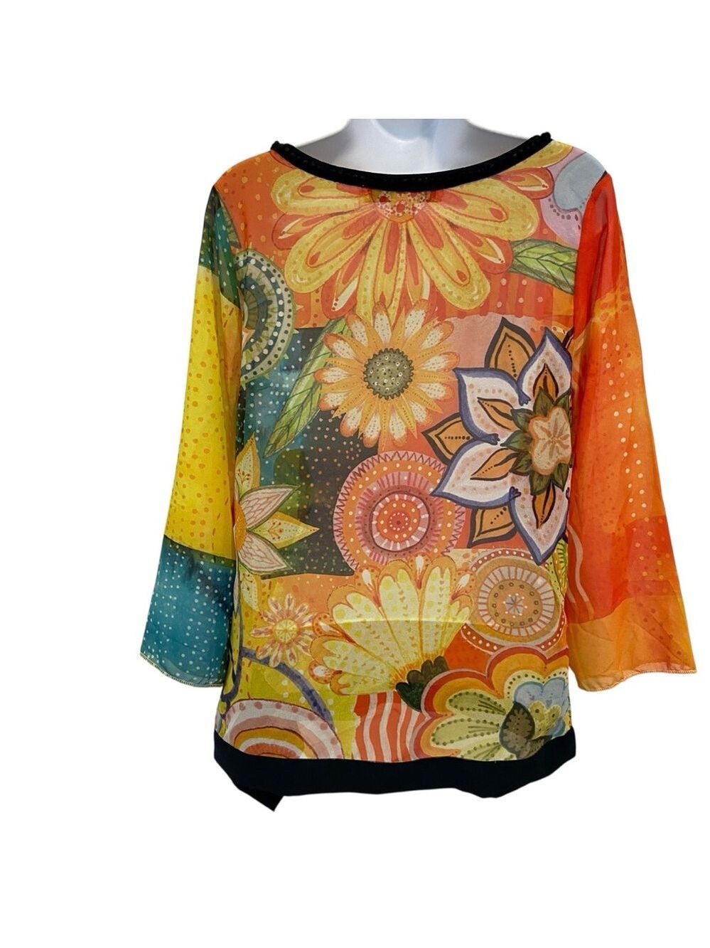 Desigual sheer festive top 3/4 sleeves floral Pom Pom V neckline orange yellow - Picture 2 of 16